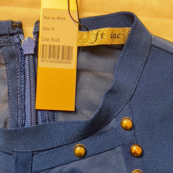 # A234  FT INC  Blue Studded Bodycon Dress Sheer Mesh Cocktail Chic  NWT M - Picture 3 of 8